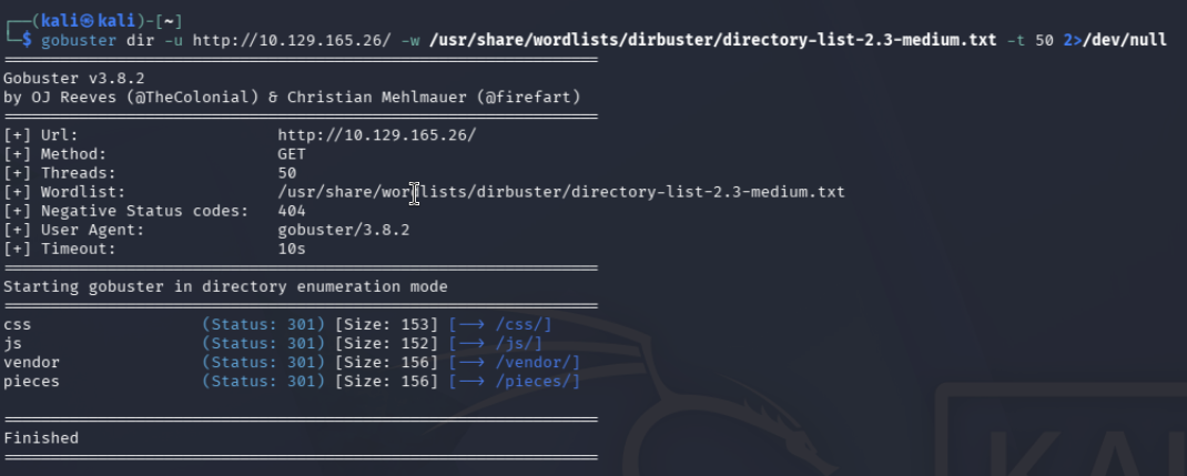 Énumération Gobuster révélant les chemins css, js, vendor et pieces