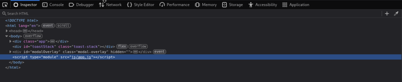 Balise script chargeant js/app.js, vue dans l'inspecteur du navigateur